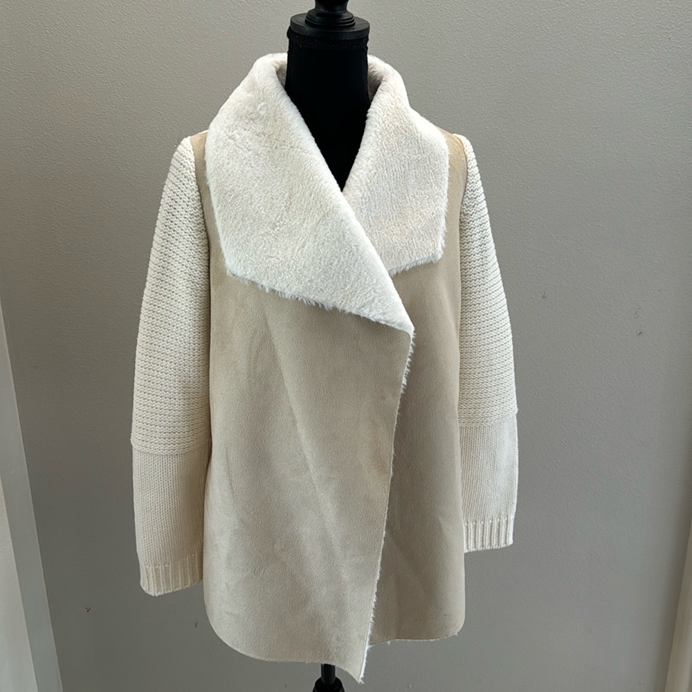 FEVER women’s cascade collar beige faux suede Sherpa knit jacket size small